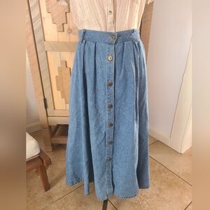 Button-Front A-Line Denim Skirt - Blue